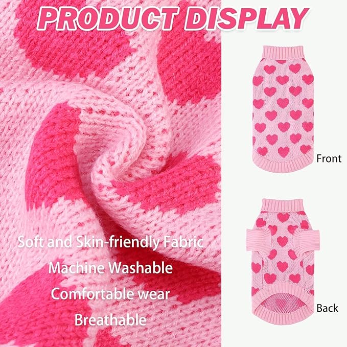 KOOLTAIL Cat Sweater Turtleneck- Soft Pink Knit Cat Sweaters for Cats Only, Heart Love Pattern Thick Warm Cold Weather Clothes, Pet Outfit for Small Medium Large Size Kitten Puppy Girl