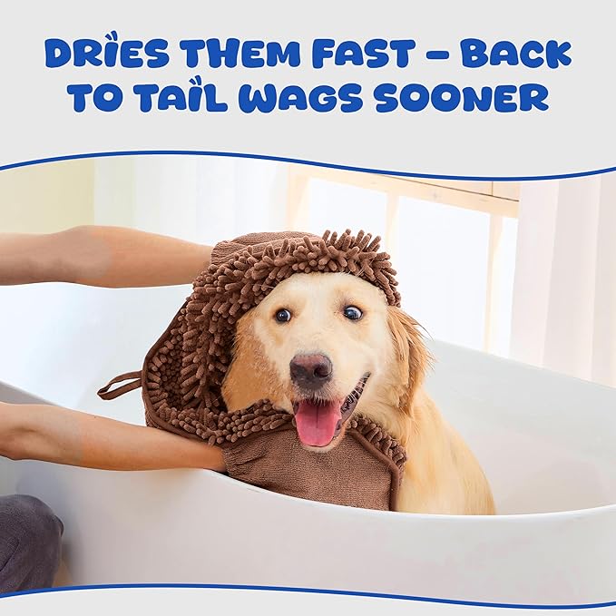 Microfiber Dog Bath Towel – Super Absorbent Dog Towels for Drying Dogs Large & Small, Quick Dry Pet Towel with Hand Pockets, Soft & Durable Puppy Towel, Machine Washable – Coffee