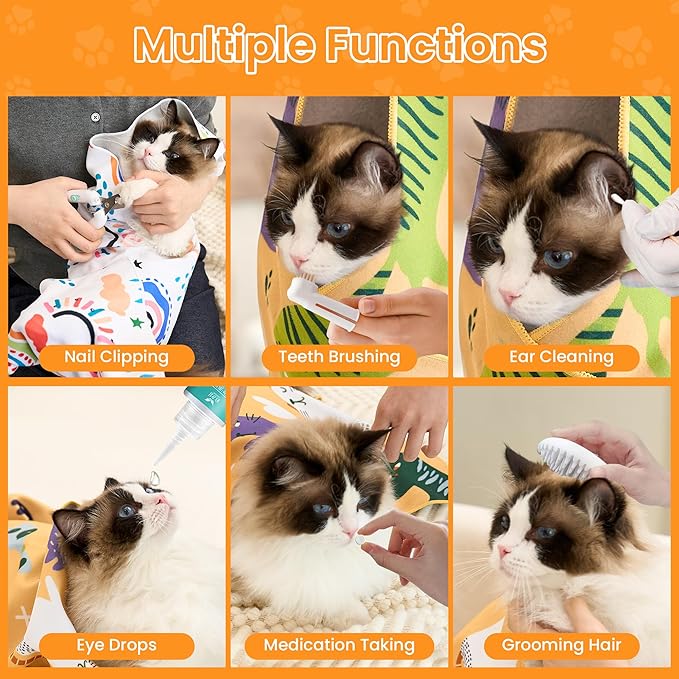 27.6'' Cat Grooming Wrap for Cutting Nails Self-Adhesive Soft Polyester Fabric Swaddle Wrap for Cats Anti-Scratch Anti-Escape Restraint for Nail Clipping Pet Cleaning and Beauty (Versatile Cat,XL)