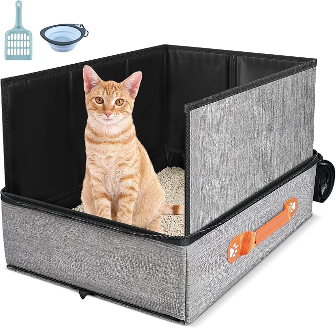 17.7''x 13.5''x 13.7" Travel Litter Box for Cats, Collapsible Cat Litter Box with Lid, Portable Cat Box with Zipper & Hard Bottom, Leak-Proof Kitty Litter Pan for Car Hotel Airplane, Water-Resistant