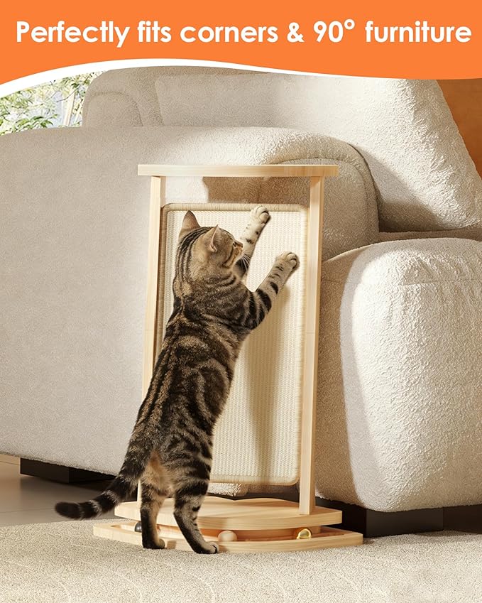 Corner Cat Scratcher with Track Balls, 23.2'' Vertical Sisal Scratcher for Furniture Sofa, Replaceable Sisal Scratch Pad for Wall Furniture Protector