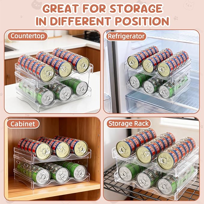 FHTONGE Heavy-Duty Cat Can Organizer for Multiple Sizes, Transparent Wet Cat Food Storage Rack for Pantry Kitchen Cabinet Rridge, 2-Tier Pet Canned Goods Dispenser Shelf Dog Tins Holder Container
