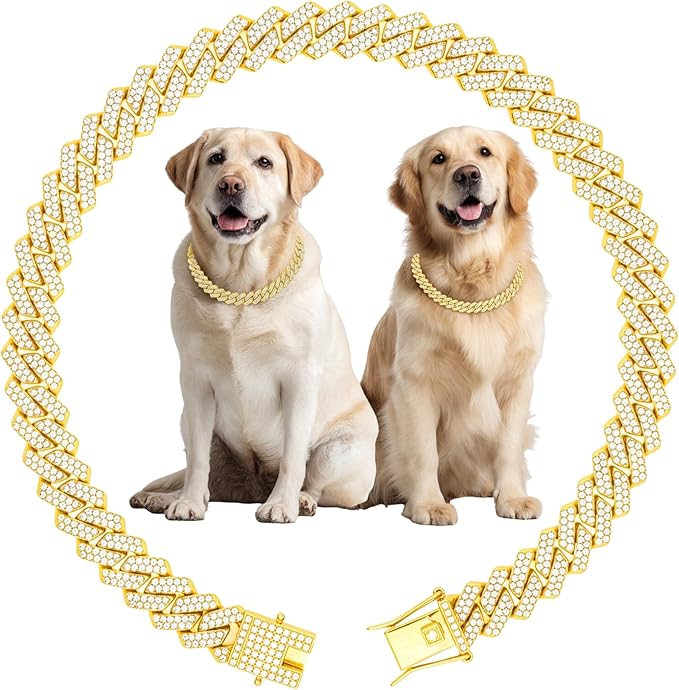 Luxury Cuban Link Dog Collar Gold Dog Chain Necklace with Diamond Rhinestones - 0.59 Inch Width Metal Pet Collar Jewelry for Small Medium Large Dogs & Cats (22 inch)