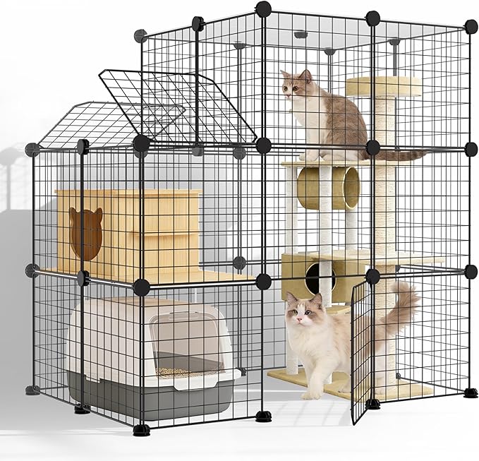 3-Tier DIY Indoor Cat Cage with Skylight, Accommodates Multiple Pets; Foldable Large Cat Cage Enclosure (with Litter Box Area); 43.7-Inch Metal Wire Cat Bed Habitat