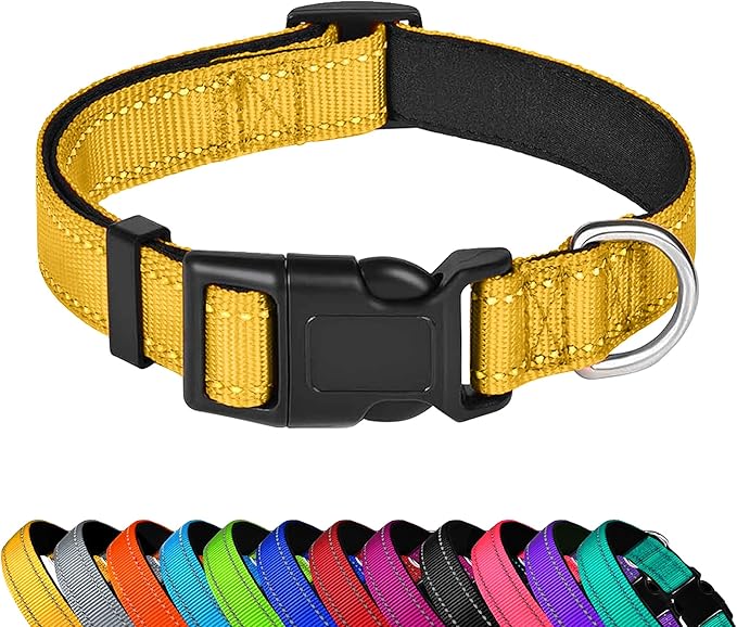 Reflective Dog Collar, Adjustable Soft Neoprene Padded Nylon Pet Collars with Buckle for Large Dogs, Yellow,L
