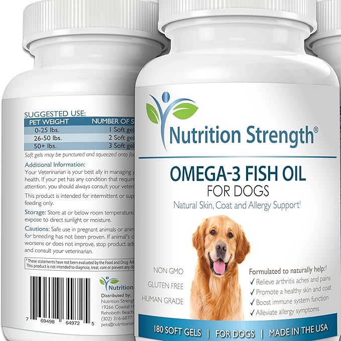 Omega 3 Fish Oil Soft Gels for Dogs with EPA & DHA Fatty Acids for Heart, Skin, Coat & Allergy Support, Hip & Joint & Arthritis Dog Supplement, 180 Soft Gels