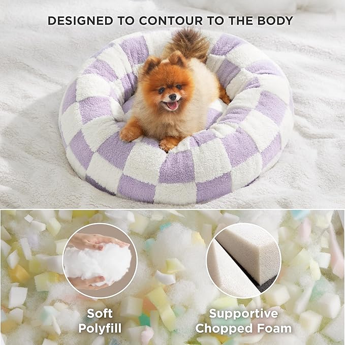 LE SURE Shown on TV Donut Small Dog Bed - Round Cat Beds Indoor Anti-Anxiety Calming Gift for Pets, Cute Modern Home Decor Beds with Jacquard Shaggy Plush & Anti Slip Bottom, 23 Inch, Purple