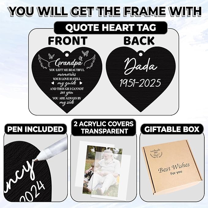 Lost Grandpa Memorial Picture Frame - Sympathy Gifts, Personalized 4x6 Photo Wooden Frame Bereavement Remembrance Condolences In Loving Memory, Passed Away Gifts Home Decor HR1-GP-BLA