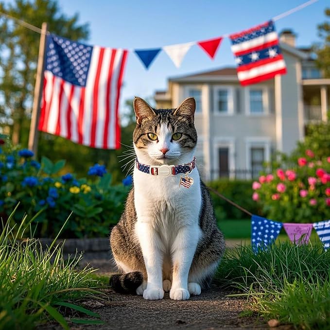 2 Pack American Flag Cat Collars Breakaway with Bell, DOGWONG Safety Buckle 4th of July Patriotic Cute Cat Collar for Girl Boy Cats，Adjustable 7-12 Inch