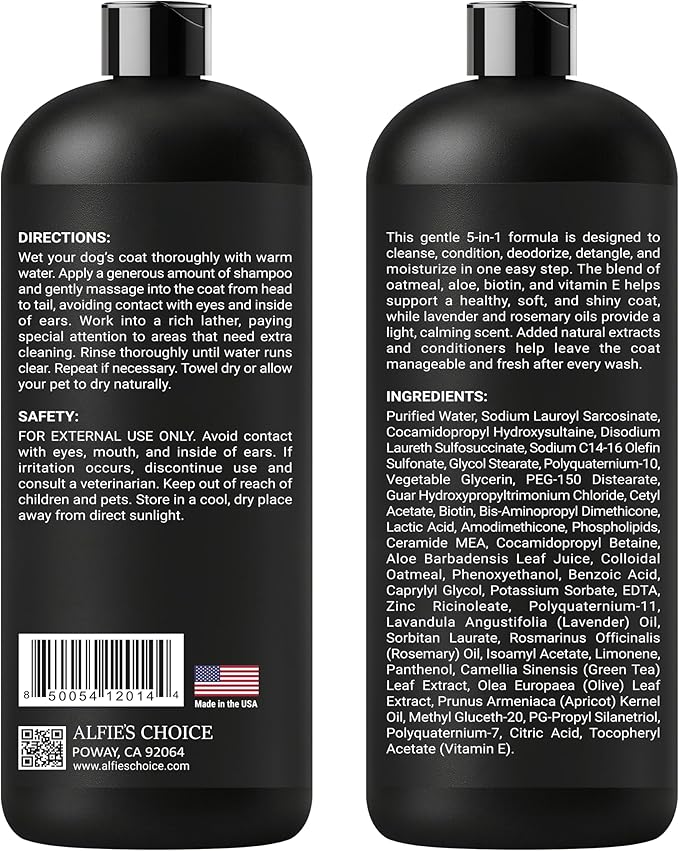ALFIE'S CHOICE Oatmeal Dog Shampoo and Conditioner for Itchy Skin Relief | 16 fl oz | 5-in-1 Puppy Shampoo for Sensitive Skin | Cleans, Deodorizes & Detangles for All Breeds | Dog Wash Made in USA
