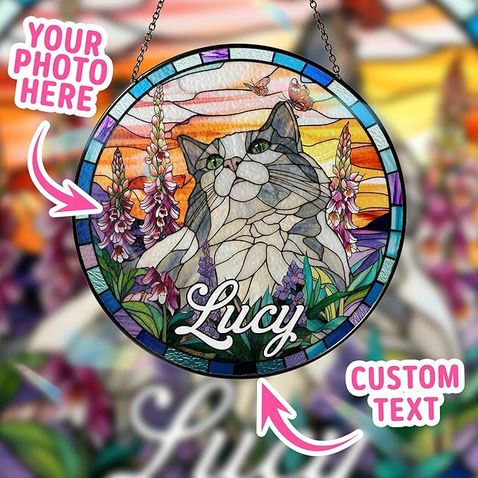 Custom Cat Dog Portrait Art Suncatcher Stained Glass Window Hanging Remembrance Gift Indoor Decor Dog Bereavement Keepsake Loss of Pet Sympathy with Name Date Portrait