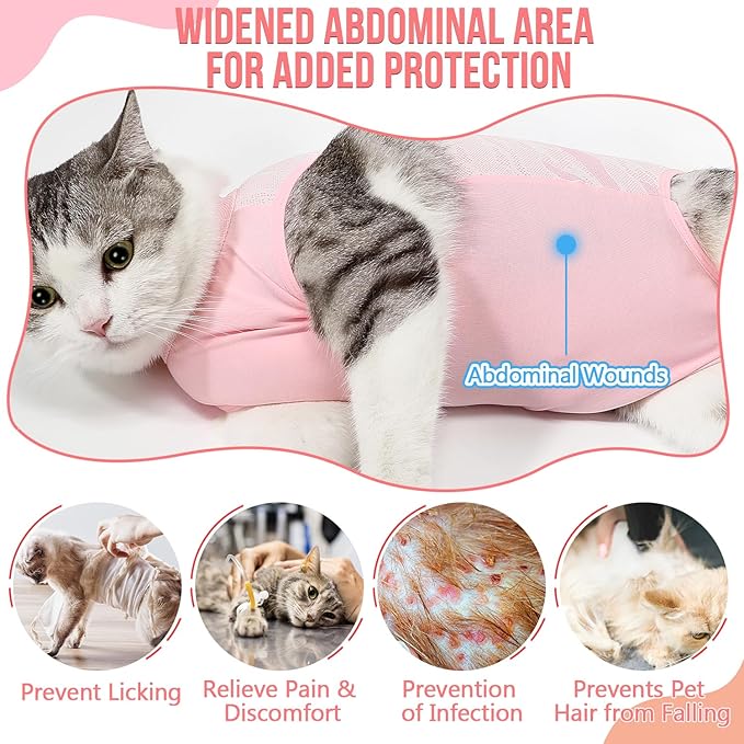 SlowTon Cat Recovery Suit - Cat Onesie for Cats After Surgery Female Male, Kitten Clothes Surgical Spay Suit Abdominal Wounds, E-Collar Alternative Cats Bodysuit Anti-Licking (Light Pink, S)
