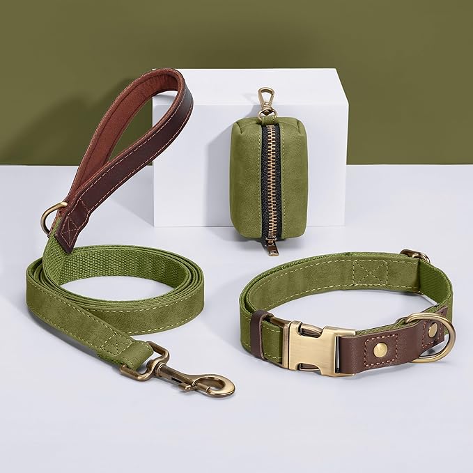 Didog Soft PU Leather Dog Collars for Small Dogs,Classic Adjustable Dog Collars with Quick Release Metal Buckle,Easy Clean and Comfortable with Nylon Lining,Olive Green,S Neck 11-15"