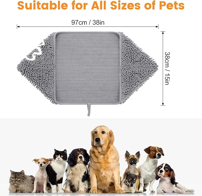 Smiry Chenille Dog Drying Towel, Extra Absorbent Bath Towel for Mud Dogs, Ultra Soft Quick Dry Pet Wash Mitt for Bathing, Grooming and Post-Walk Cleaning (38x15 Inches, Grey)