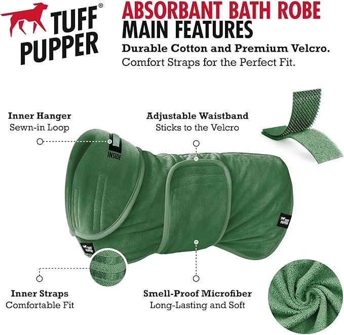 Tuff Pupper Fast Drying Dog Bath Robe | 800 GSM Plush Dog Towel Bathrobe/Dressing Gown | Super Absorbent Pet/Puppy Bathrobe | Adjustable Hood & Belly Strap | Super Soft | Fast Drying (XXXL, Green)