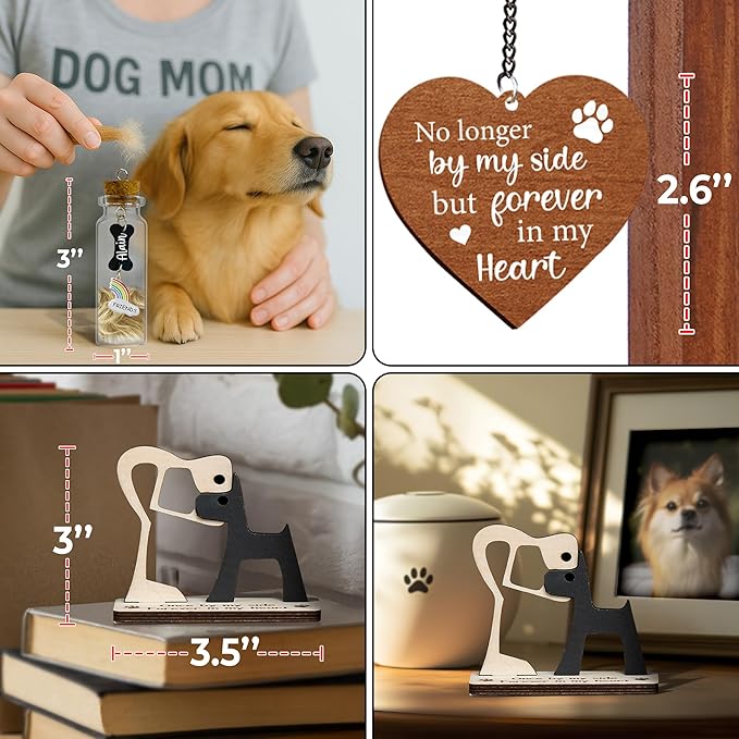 Pet Memorial 4x6 Picture Frame Wooden Rotating Walnut, Cat Remembrance Gifts, Pet Dogs Hair Keepsake Fur Jar Rainbow Bridge No Longer By My Side Heart Tag, In Loving Sympathy Animal Loss Gift PR-3W