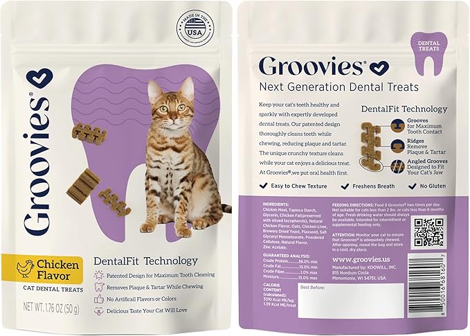 Groovies Cat Daily Dental Treats. Tasty, Crunchy Bites Cats Love. Powered by USA-Patented DentalFit Tech. No Gluten or Artificial Flavors or Colors. 1.76oz Each bag - (2 pack) of (1)Chicken & (1)Tuna