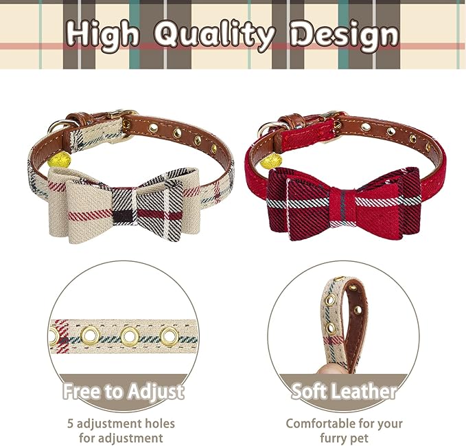 PUPTECK Puppy Collar with Bell XXS Dog Collar Charm Adjustable Bowtie Soft Leather for Cats Kittens Extra Small Dogs 2 Packs