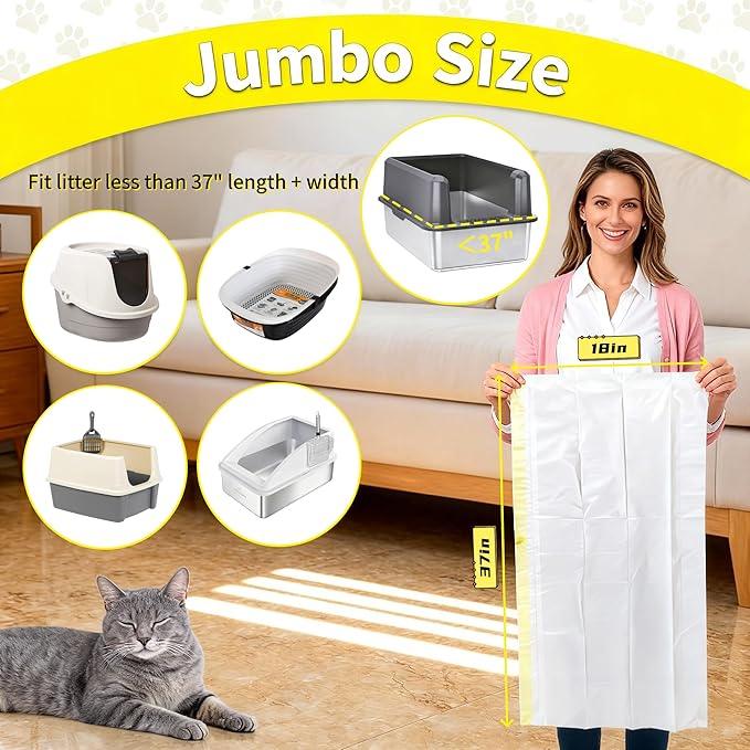30 Count Jumbo Litter Box Liners 37" X 18", Large Cat Litter Bags with Heavy Duty Drawstring, Extra Thick Leakproof Cat Pan Liners for Kitty Box, Assorted Colors