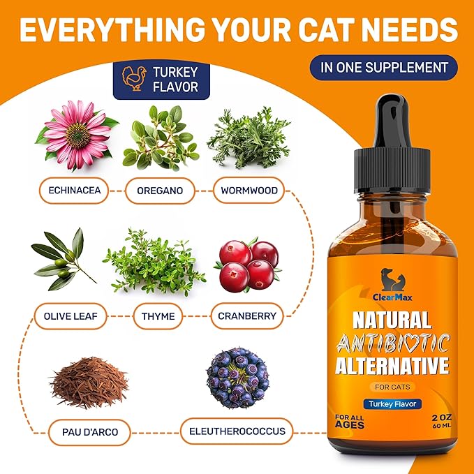 Antibiotics for Cats in Drops – Сat Respiratory Infection Treatment: Cold, Cough, and Allergies – Cat UTI Treatment with Turkey Flavor – May Support Hips & Joints – Proper for All Ages & Breeds – 2 Oz