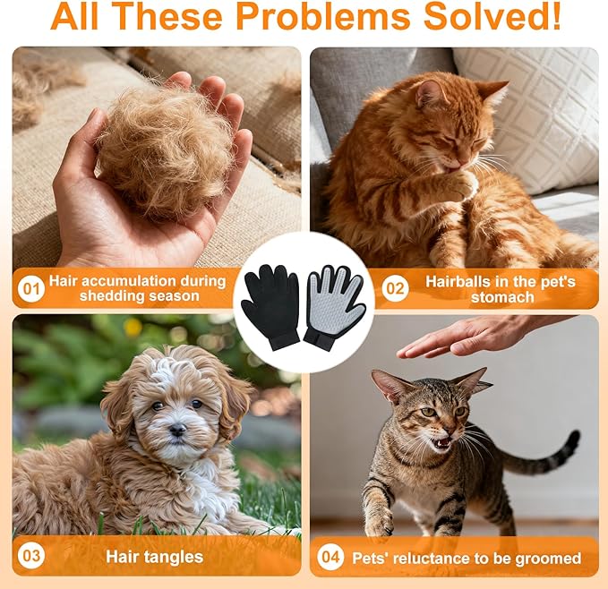 Pet Hair Removal Glove for Cats & Dogs 1PC and Cat & Dog Grooming Gloves for Shedding Brushes 1 Pair, Pet Hair Remover Tool for Clothing, Couch, Carpet, Car Seat, Deshedding Brush & Massage