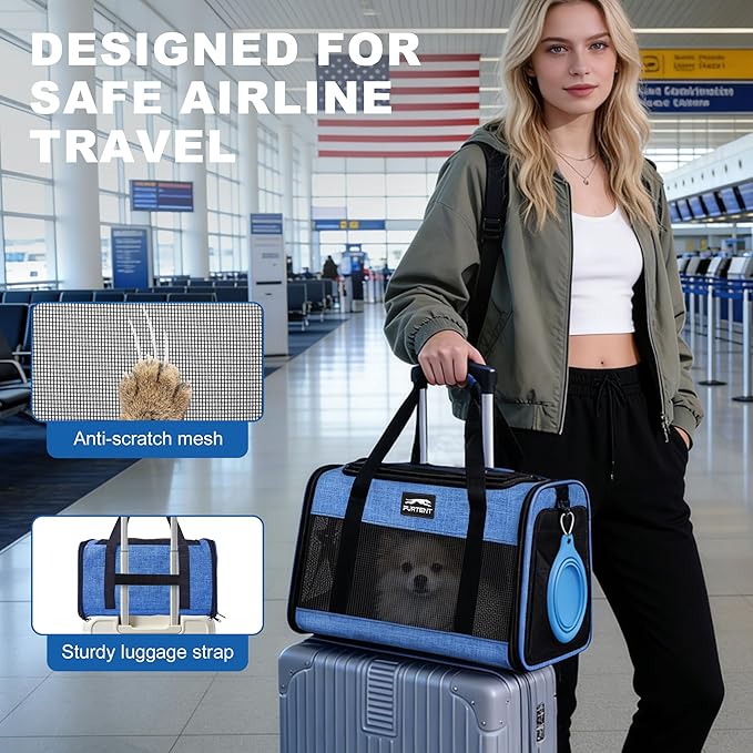 TSA Approved Pet Carrier for Kitten and Puppy, Cat Carrier Soft Fits Pets up to 13 lbs, Dogs Travel Bag with Bowl Foldable, Ideal for Travel, Car Rides, and Vet Visits, Dark Blue