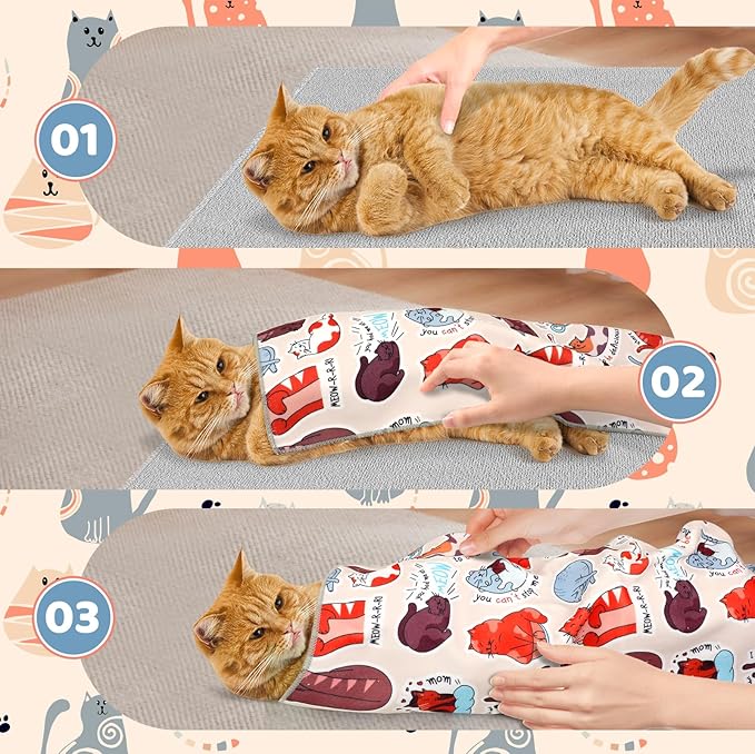 27.6" Cat Grooming Wrap for Cutting Nails, Cat Pattern Self-Adherent Fabric Wrap for Cats, Anti-Scratch Anti-Escape Multifunctional Cat Swaddle Tool for Teeth Brushing, Ear Cleaning