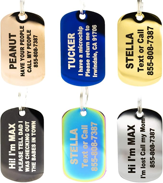 Engraved Dog Tags Personalized - Stainless Steel Engraved Dog Cat ID Tags Front & Back up to 8 Lines of Text Color Plating Gold, Rose Gold, Blue, Black, Nebula Rectangle Small