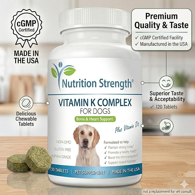 Vitamin K for Dogs - K1 & K2 (MK4 + MK7) + Vitamin D3 for Bone Health, Heart Support & Calcium Absorption - Advanced Formula for Strong Joints, Muscle & Immune Support - 120 Tablets