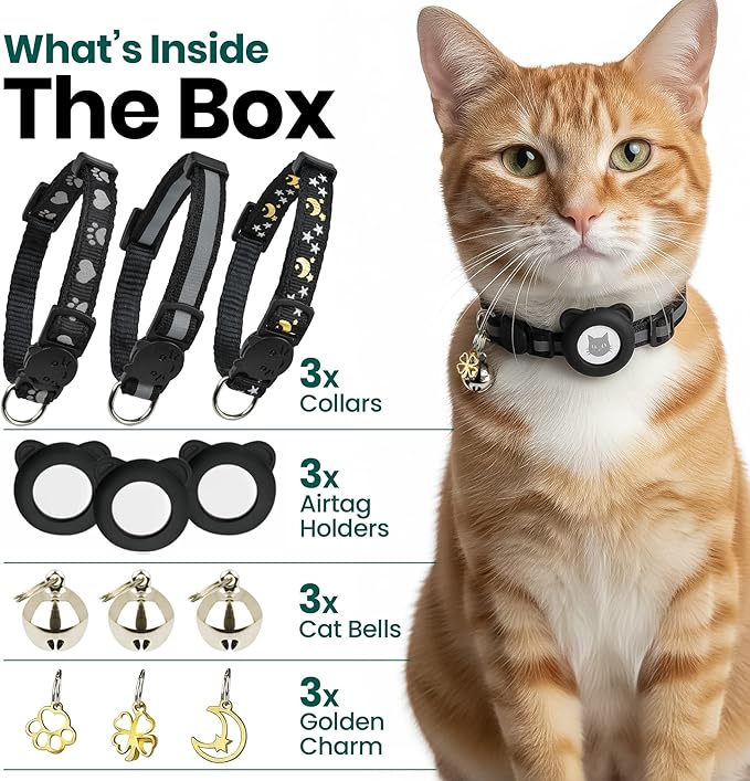 Cat Collar with AirTag Holders, 3-Pack, Reflective Breakaway Safety Collars, Bells and Matching Charms, Adjustable, Paw Hearts, Moon Stars Design, Lucky Charm, Blue