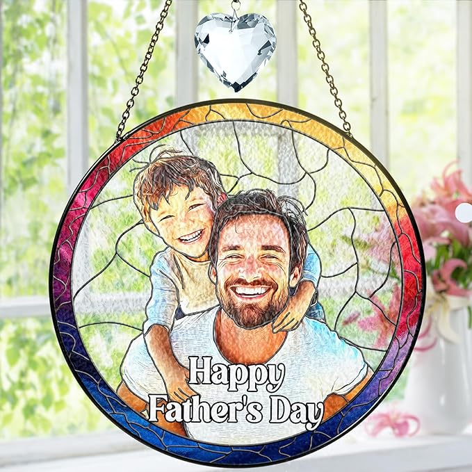 Personalized Dad Stained Glass Suncatcher, Photo Family Stained Glass Window Hanging Decoration, Custom Photo Gift for Dad from Son Daughter, Birthday Gift for Grandpa, Papa, Uncle