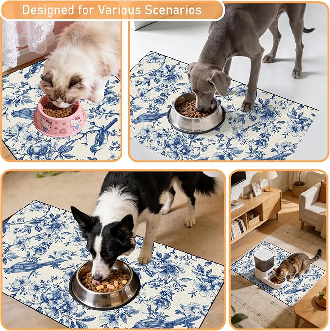 Dog Cat Food Mat - Absorbent Quick Dry Dog Bowl Mats for Food and Water, Anti Slip Cat Feeding Placemat for Floors, Diatomite Pet Dish Matts Accessories Supplies, Floral Bird Style, 17*30in