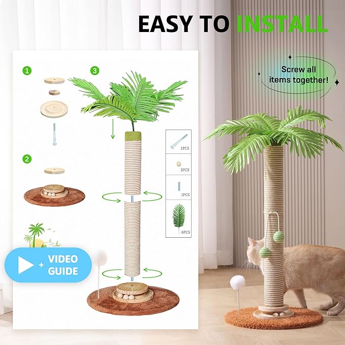 Cat Scratching Post Cat Tree, 32'' Tall Cute Palm Cat Scratcher Tower with Durable Solid Wood Turntable Toy, Sisal Rope Cat Scratcher Post with Interactive Ball for Indoor Adult Cats Climb Play