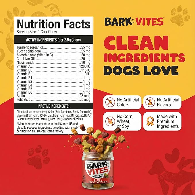 14-in-1 Multivitamin Soft Chews for Dogs - Turmeric, Quercetin, Yucca Schidigera, Beta Carotene, Vitamins A, B1, B2, B5, B6, B12, D3, E, & Biotin, Digestive, Joint & Immune Support, 90ct