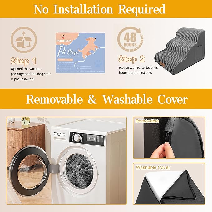 Dog Stairs for Small Dogs, Wide Pet Step with Removable Cover, No Assembly High Density Foam Cat Ramp for Bed or Sofa, 4-Step, Dark Grey
