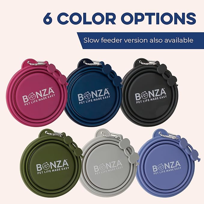 Bonza Collapsible Dog Bowls - Medium 25 oz, Dog Travel Accessories, Silicone Portable Dogs Bowl & Water Dish with Reinforced Rim & Carabiner for Hiking, Camping, and Car Trips, Navy Blue