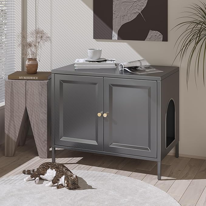 METAN Metal Cat Litter Box Enclosure,Steel Cat Washroom Furniture with Barn Door, Pet House, Fit Most of Litter Box,Assembly Required,Black, (Black)