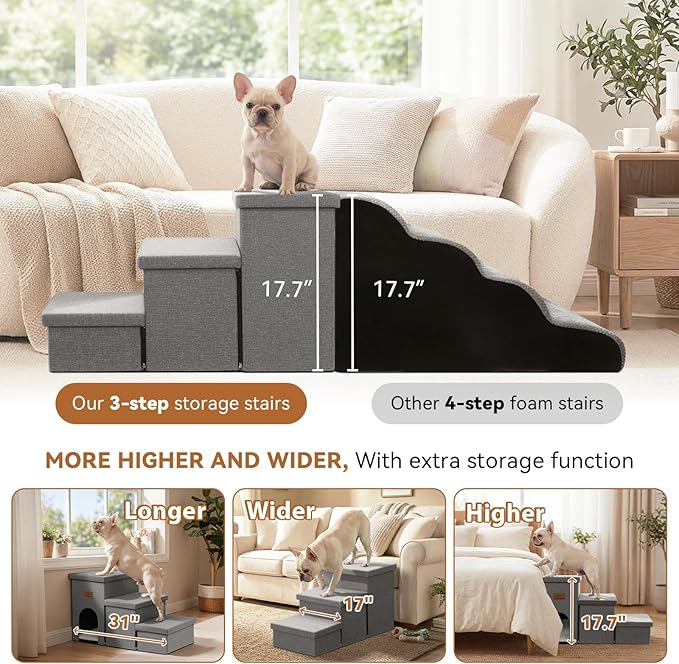 Dog Stairs 18" H, 3-Step Wider Dog Steps for High Beds Couch, Folding Storage Pet Stairs Gift for Small/Medium/Large Old Dogs Cats, Ramp for Climbing Car Up to 200 lbs, (Gray, with Condo)