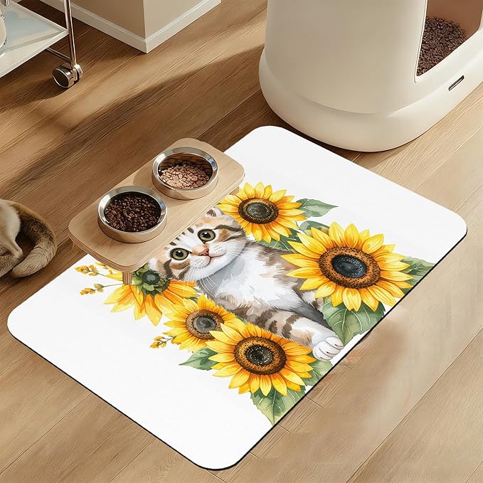 Cute Cat Sunflower Pet Feeding Mat for Floors–Christmas Stocking Absorbent Quick Dry Dog Cat Bowl Mat for Food and Water, Non Slip Waterproof Base, Mess-Free Feeding Accessories 16"x24"