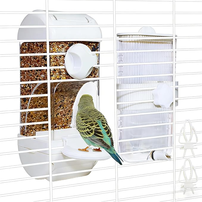 Automatic Bird Feeder Waterer Kit Bird Cage Hanging Waterer Parakeet Leak-Proof Feeder Parrot Vegetable Clips Cage Accessories for Budgies Lovebirds Finches Canaries Parrotlets Conures (White)