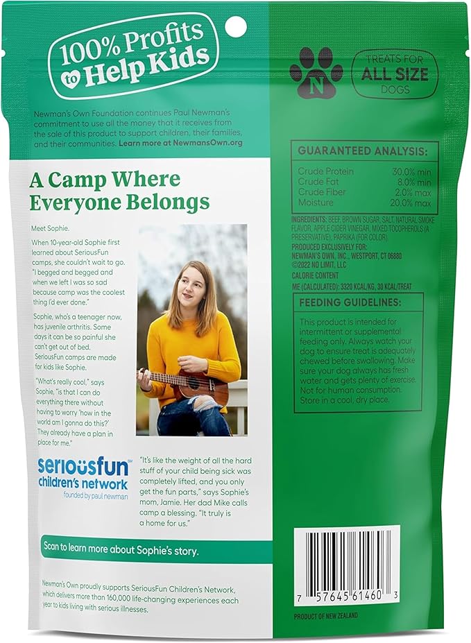 Newman's Own Original Beef Jerky Dog Treats, 5 oz Bag (Pack of 6) — High Protein, Grain Free, Grass-Fed Beef as First Ingredient, Chewy Wholesome Training Rewards