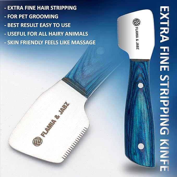 FLAMIA & JABZ FJ Professional Stripping Knife kit (6 pieces set) for Dogs & Pets, Wooden Handle Grip with Stainless Steel Blade (Right handed) (Blue)