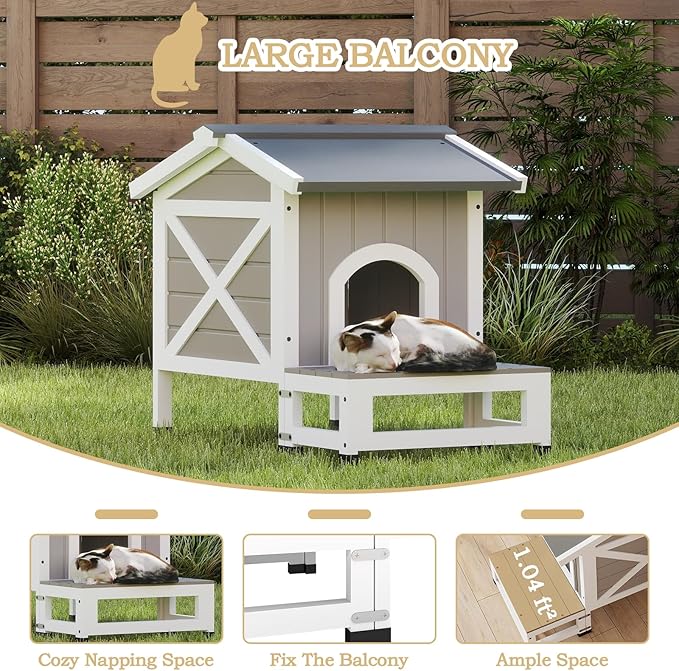 Cat House with Dual Escape Doors,Fir Wood Feral Cat Shelter for 1-2 Cats with Large Balcony,Weatherproof Feral Cat Enclosure with Elevated Floor|Openable Roof for Indoor Outdoor,Grey