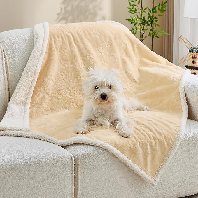 Qeils Pet Blankets for Cats - Waterproof Cat Blanket Washable - Sherpa Fleece Puppy Blanket, Soft Plush Reversible Throw Protector for Bed Couch Car Sofa, 40"X50", Khaki