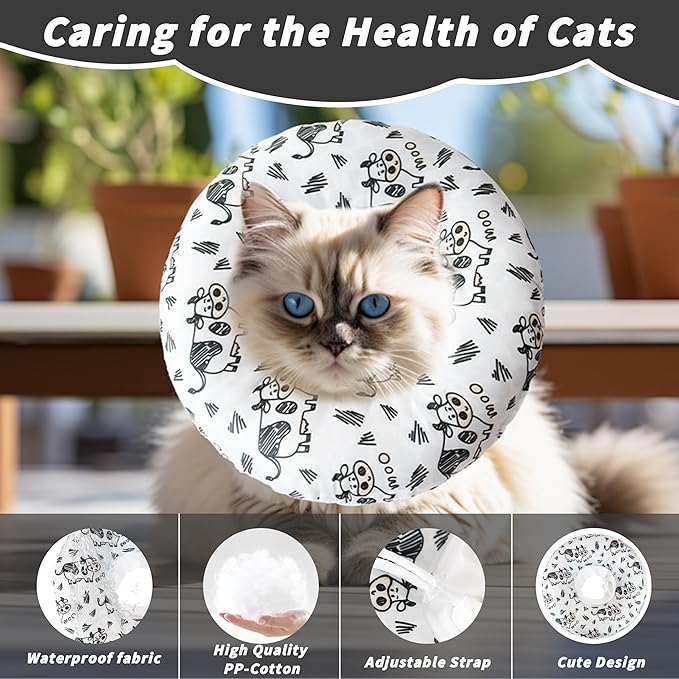 Soft Cat Cone Collar, Cute Cats Recovery Collar Suitable for Small, Medium, Large cat,Elizabethan Neck Collar for Cats After Surgery (Cow, Small)