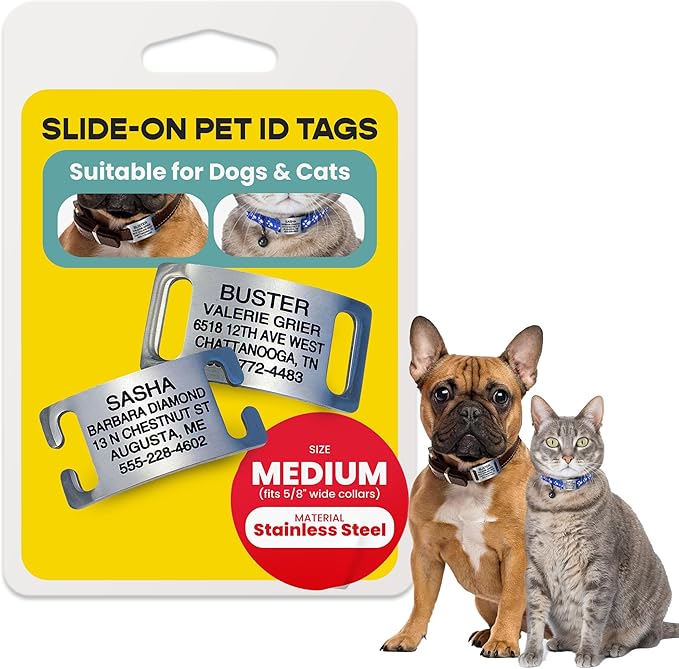 LuckyPet Slide-On Pet ID Tags - Dog Tags Personalized - Durable Engraved Stainless Steel Pet Name Tags - Noiseless Dog Tag - Suitable for Dogs and Cats - Fits 5/8 inch Collars - Medium, Closed Ends