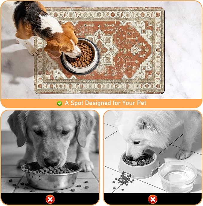Dog Food Bowl Mat - Absorbent Quick Dry Dog Feeding Mats for Food and Water, Anti Slip Cat Bowl Placemat for Floors, Diatomite Pet Dish Matts Accessories Supplies, Bohemia Style, 16 * 24in