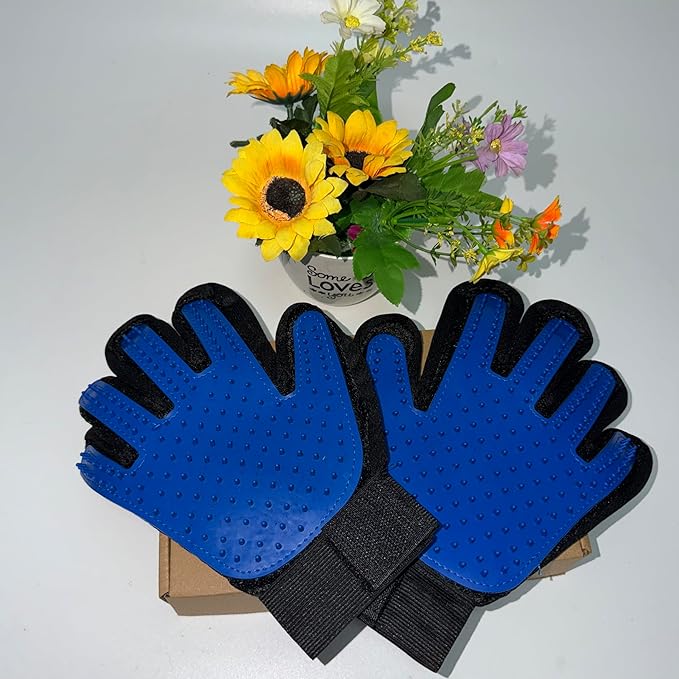 Pet Grooming Glove(1 Pair), Blue and Black, Deshedding Brush Mitt for Dogs and Cats