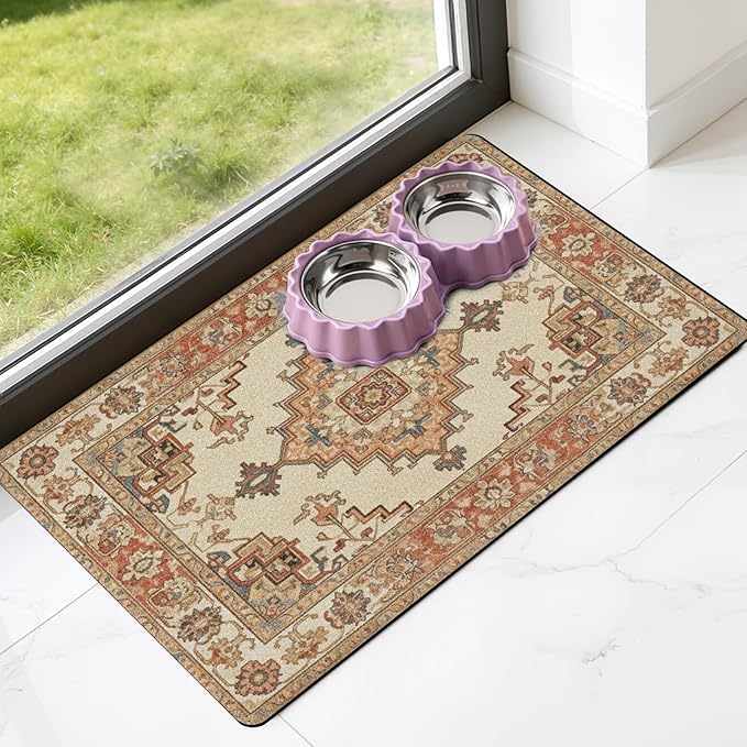 Pet Dog Food Mat - Absorbent Diatomite Dog Cat Feeding Mats for Food and Water, Anti Slip Dog Cat Bowl Placemat for Floors, Quick Dry Pet Dish Matts Supplies, Bohemia Style, 17 * 30in