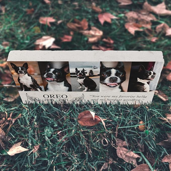 Custom Dog Memorial Stone, Personalized Pet Headstones for Dogs, Outdoor Pet Grave Markers with Photo Print and Text, Loss of Pet Sympathy Gift, 12”x6”x1.25" Pet Grave Stone (B. Oreo Design)